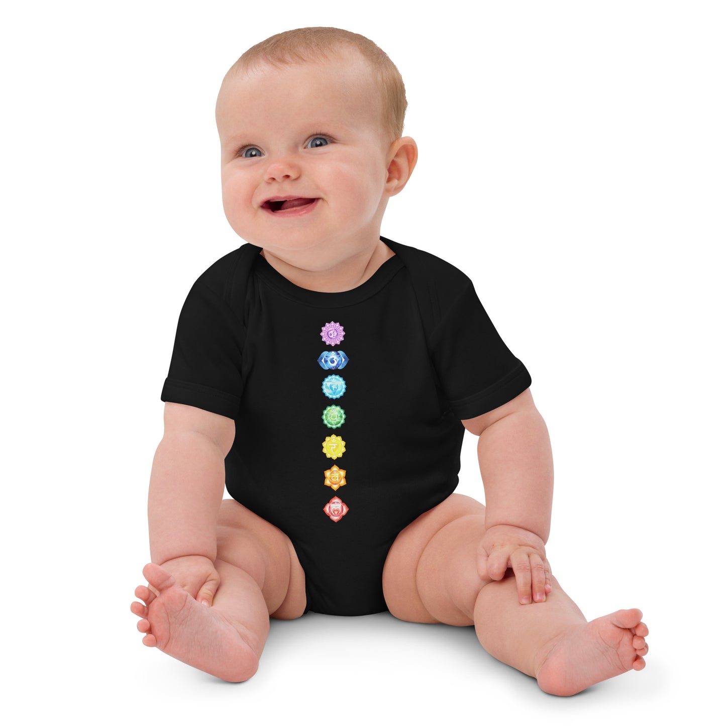 Babystrampler mit 7 Chakren Design – Aus 100 % Bio-Baumwolle | Größen 3–18 Monate | Schwarz