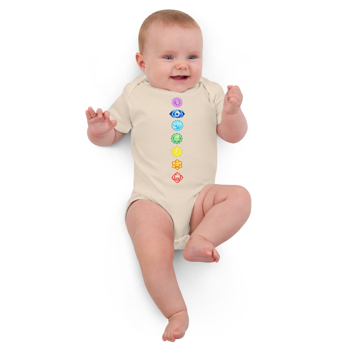 Babystrampler mit 7 Chakren Design – Aus 100 % Bio-Baumwolle | Größen 3–18 Monate | Organic Natural