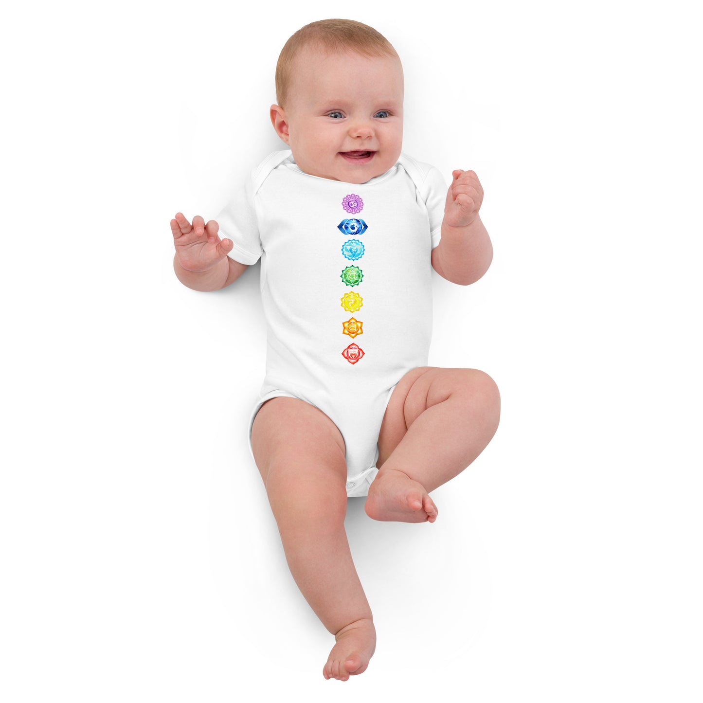 Babystrampler mit 7 Chakren Design – Aus 100 % Bio-Baumwolle | 3 Farben | Größen 3–18 Monate
