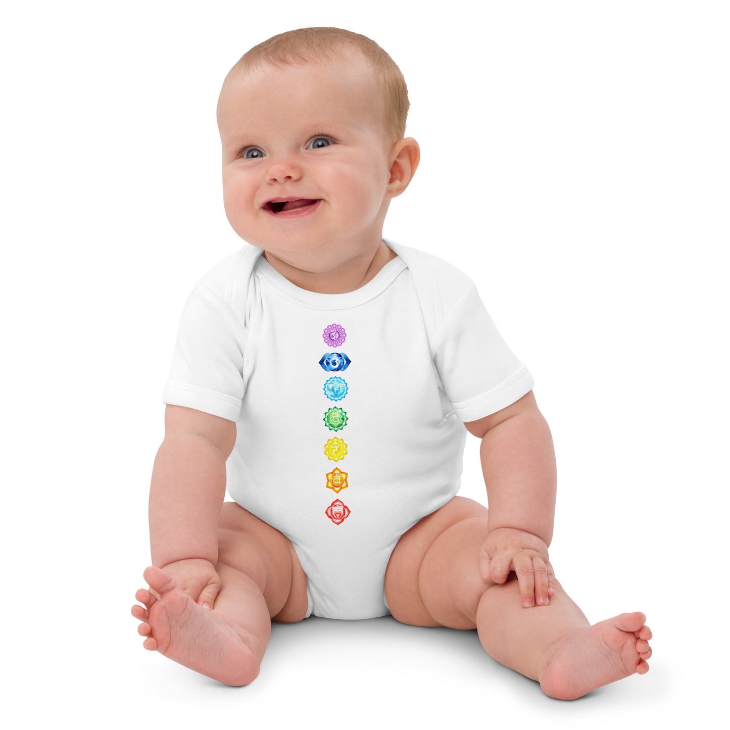 Babystrampler mit 7 Chakren Design – Aus 100 % Bio-Baumwolle | 3 Farben | Größen 3–18 Monate