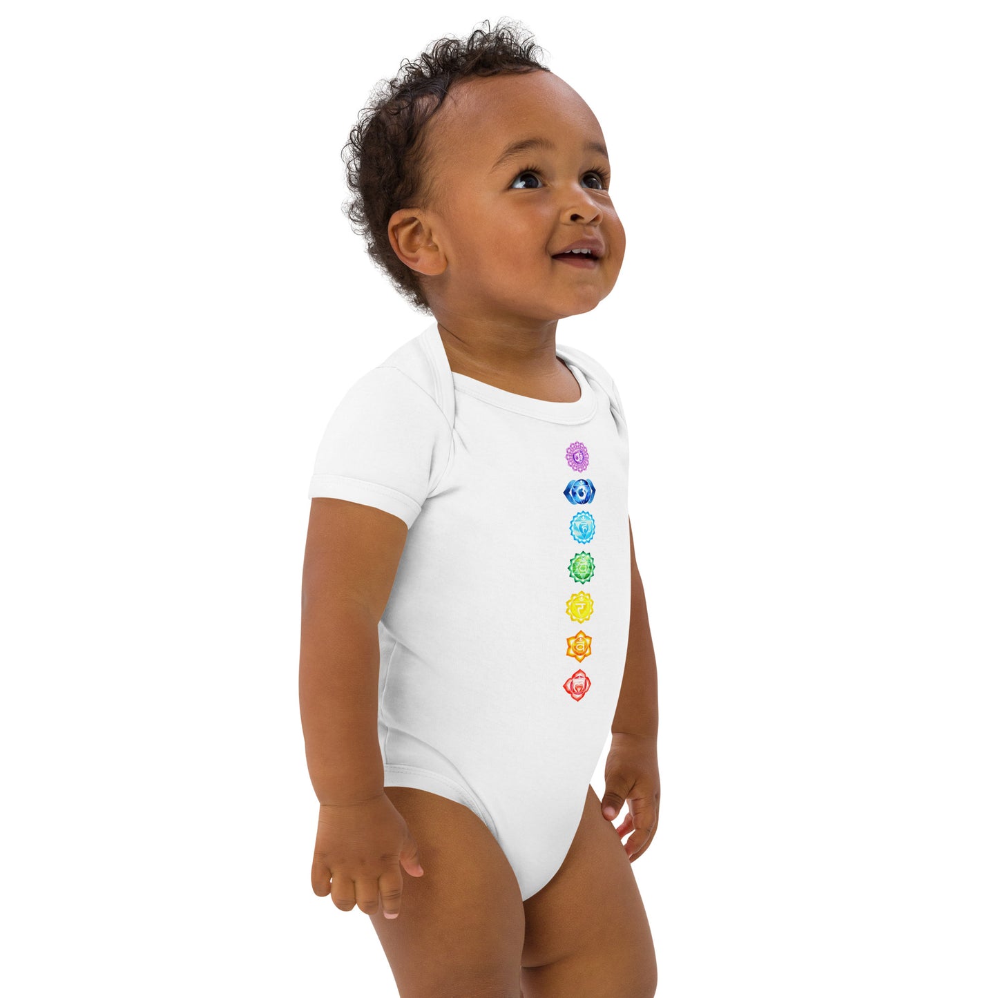 Babystrampler mit 7 Chakren Design – Aus 100 % Bio-Baumwolle | Größen 3–18 Monate | Weiß
