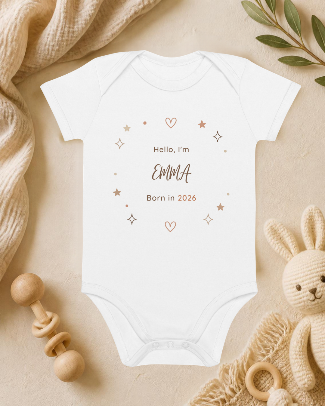 Hello I'm... – Personalisierter Baby Body aus Bio-Baumwolle – Name & Geburtsjahr