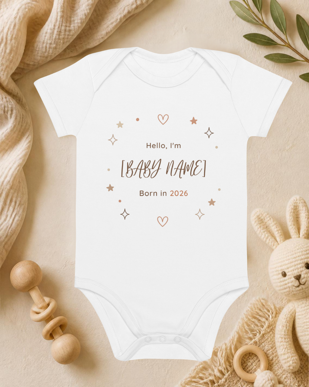 Hello I'm... – Personalisierter Baby Body aus Bio-Baumwolle – Name & Geburtsjahr