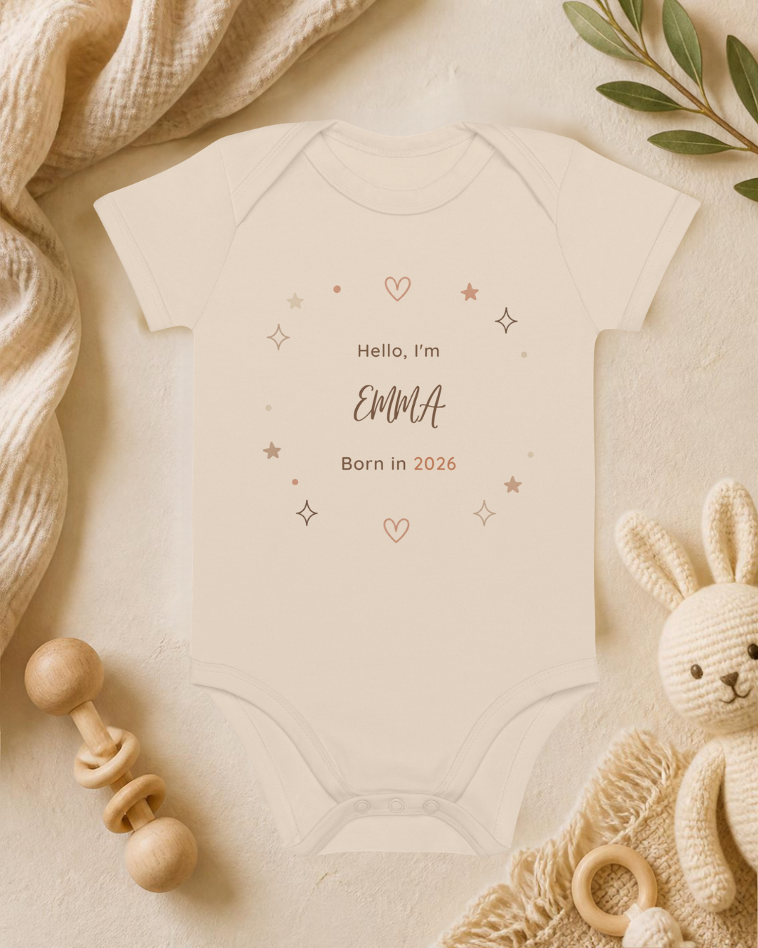 Hello I'm... – Personalisierter Baby Body aus Bio-Baumwolle – Name & Geburtsjahr
