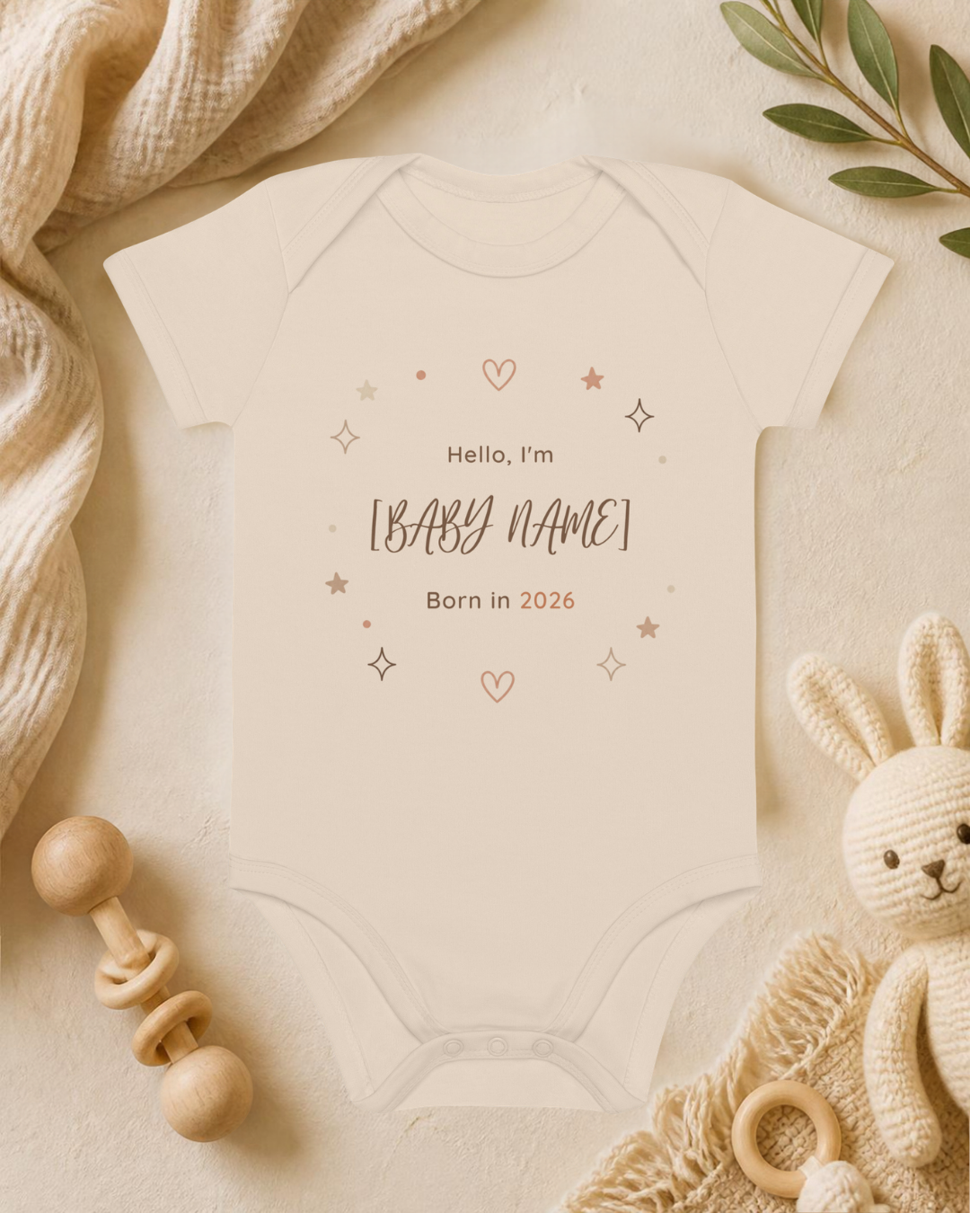 Hello I'm... – Personalisierter Baby Body aus Bio-Baumwolle – Name & Geburtsjahr