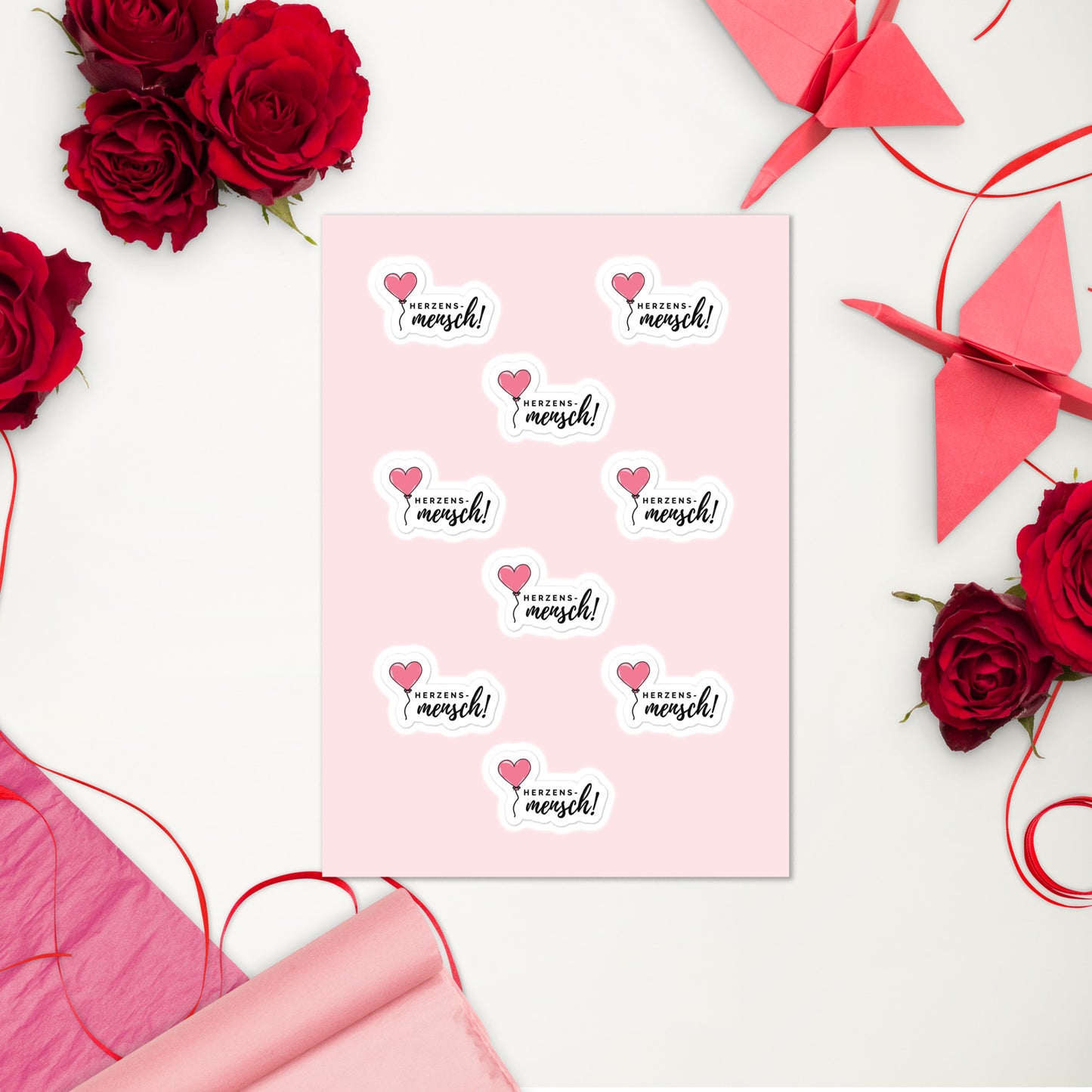 Herzensmensch Sticker Sheet – 9 glänzende Aufkleber mit rosa Herzluftballon