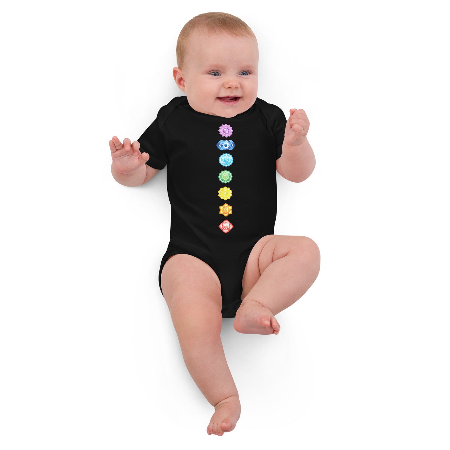 Babystrampler mit 7 Chakren Design – Aus 100 % Bio-Baumwolle | Größen 3–18 Monate | Schwarz