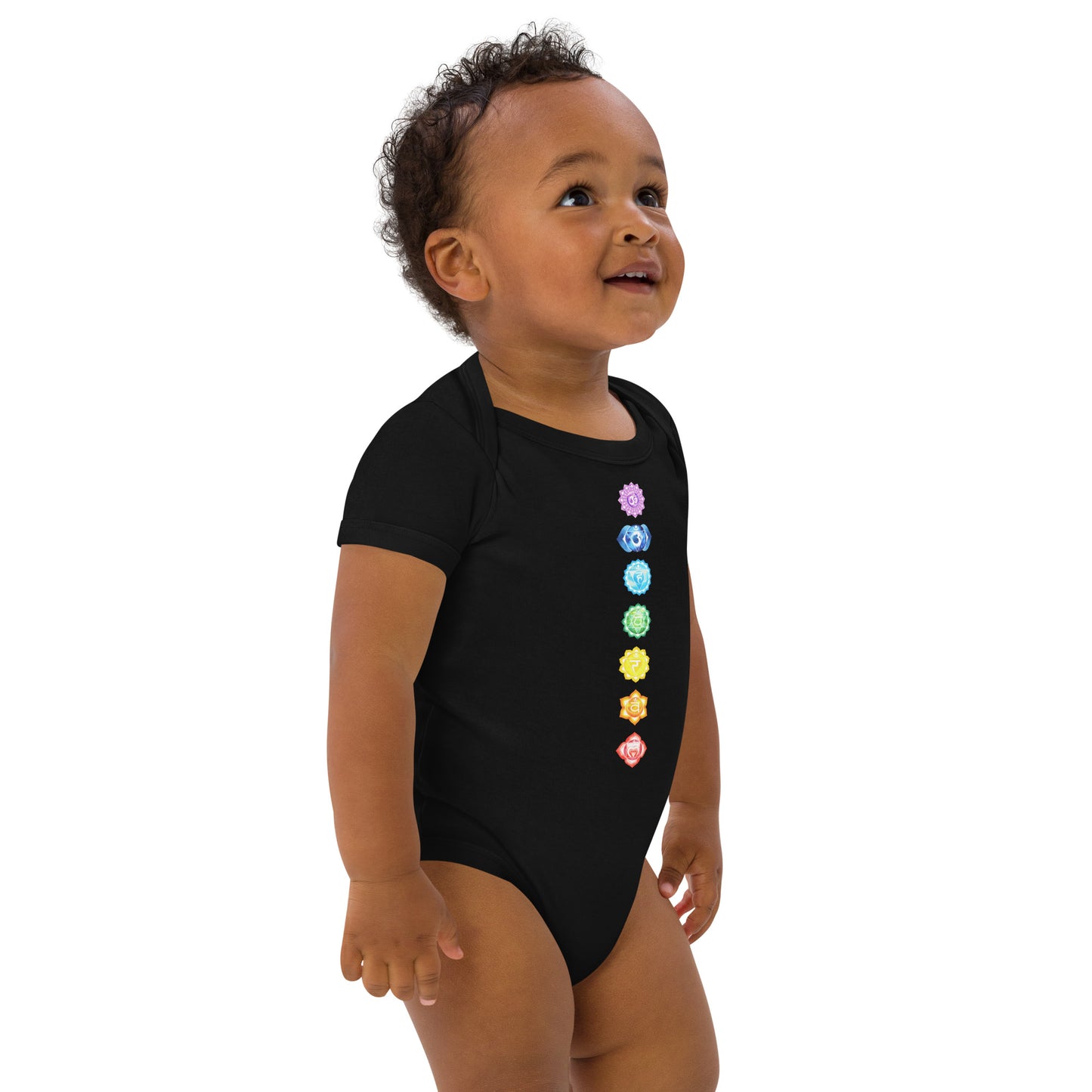 Babystrampler mit 7 Chakren Design – Aus 100 % Bio-Baumwolle | Größen 3–18 Monate | Schwarz