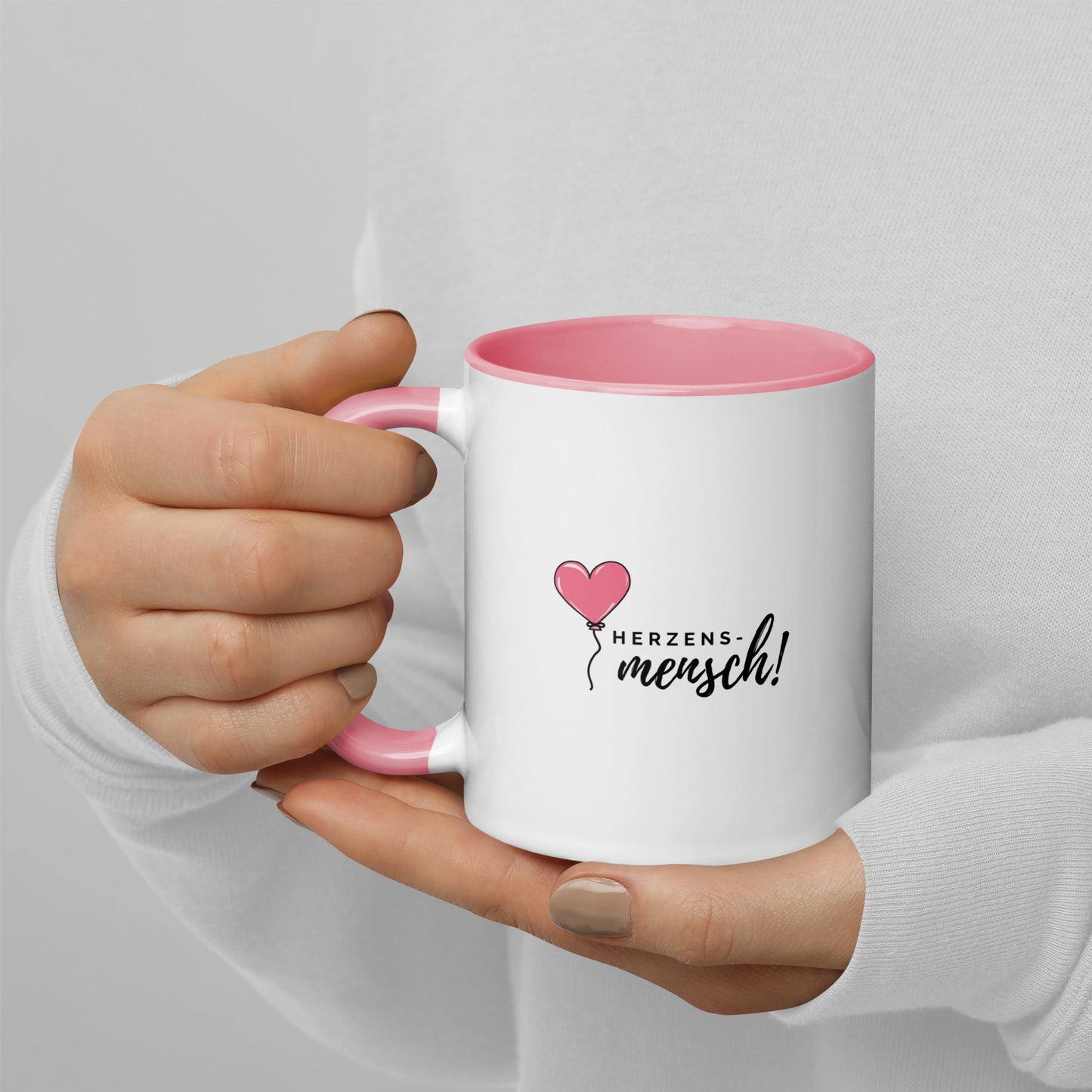 Tasse „Herzensmensch“ mit rosa Herzluftballon – Valentinstagsgeschenk mit rosa Henkel & Innenseite