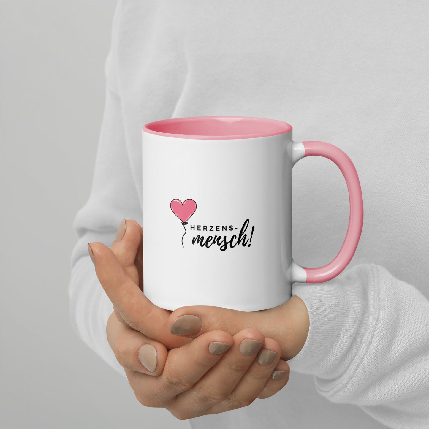 Tasse „Herzensmensch“ mit rosa Herzluftballon – Valentinstagsgeschenk mit rosa Henkel & Innenseite