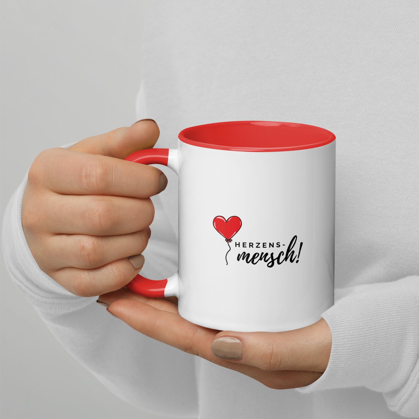 Tasse „Herzensmensch“ mit rotem Herzluftballon – Valentinstagsgeschenk mit rotem Henkel & Innenseite