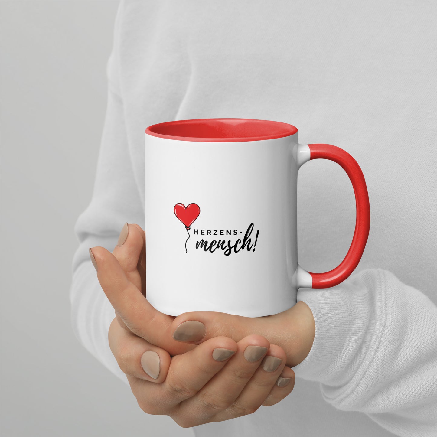 Tasse „Herzensmensch“ mit rotem Herzluftballon – Valentinstagsgeschenk mit rotem Henkel & Innenseite