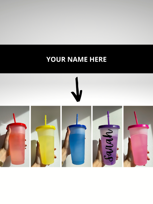Reusable Color Changing Bottle with Lid & Straw + Personalized + Heart